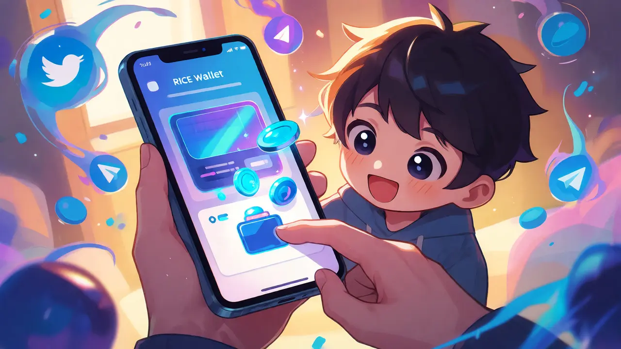 Cute chibi user interacting with the RICE Wallet app to claim ONUS tokens.