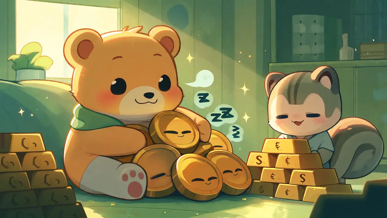 Cute mascots managing staked coins and lending rewards.