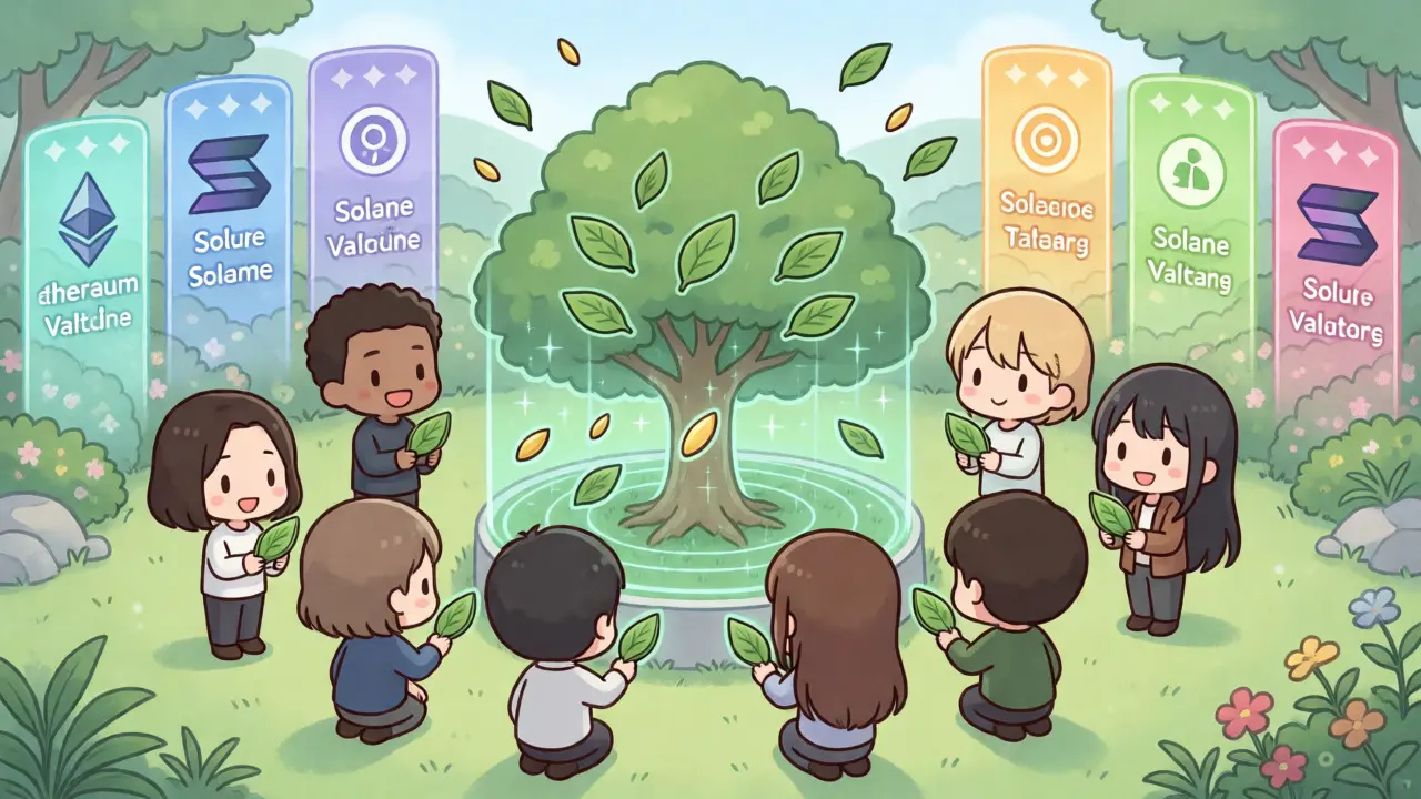 Group of chibi characters voting on a holographic tree in a digital garden.
