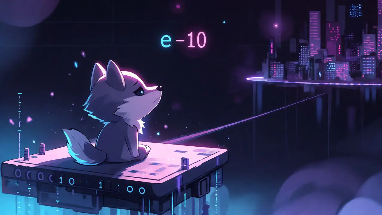 Lonely chibi wolf on a digital platform gazing at a distant low-value star.