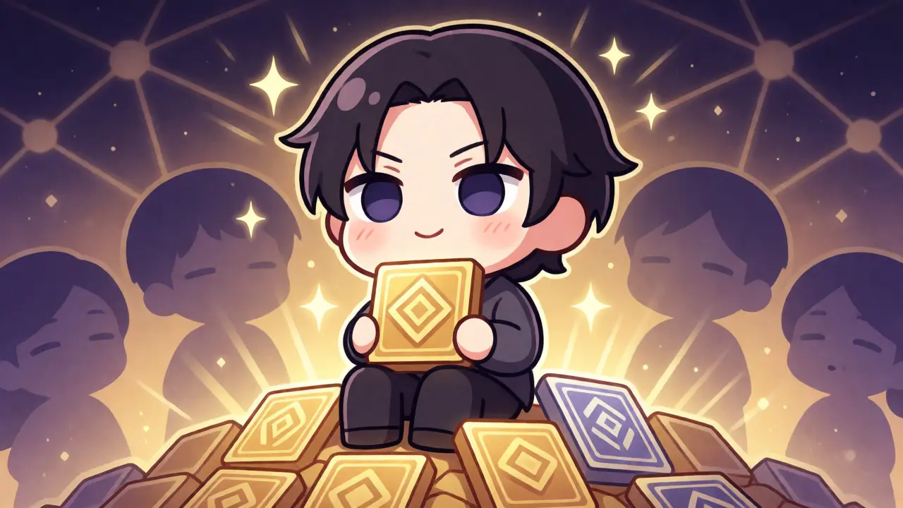 Proud chibi character holding a rare NFT surrounded by digital artifacts
