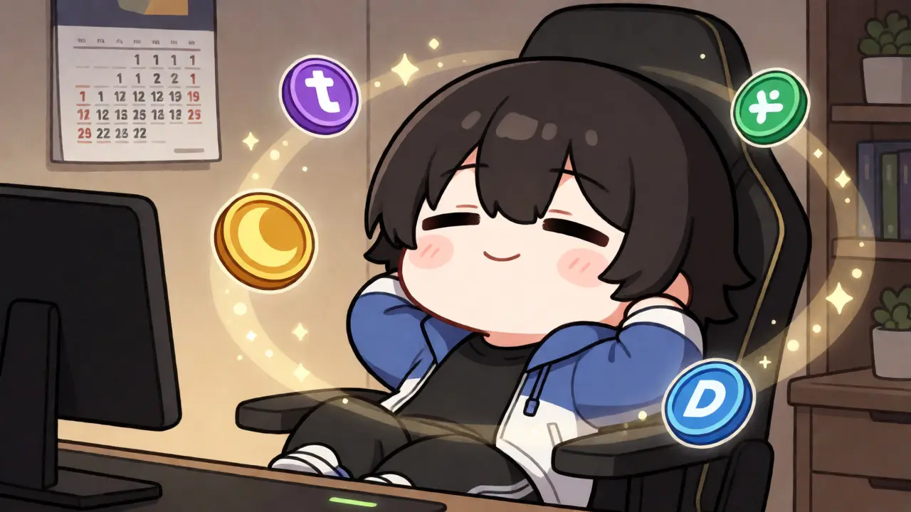 Relaxed chibi character surrounded by floating Moon Coins and D token rewards