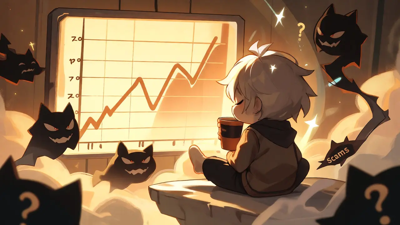 Relaxed chibi figure watching market trends while avoiding scam shadows.