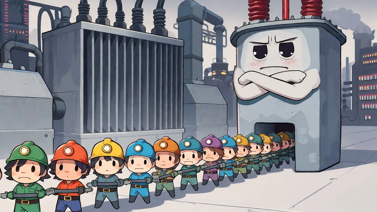 Sad chibi miners waiting behind a stern transformer character
