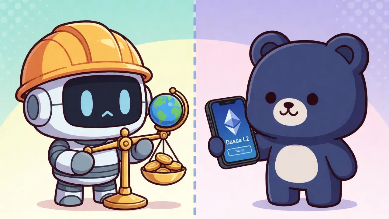 Split screen showing Base Protocol vs Coinbase Base L2 mascots