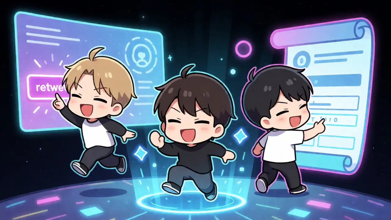 Three chibi figures completing social tasks on holographic interfaces in space