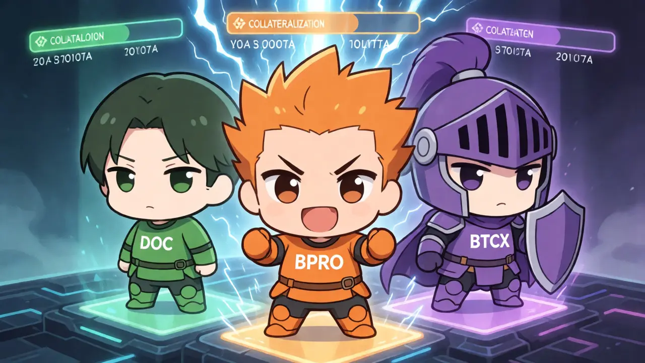 Three chibi mascots representing DOC, BPRO, and BTCX tokens working together.