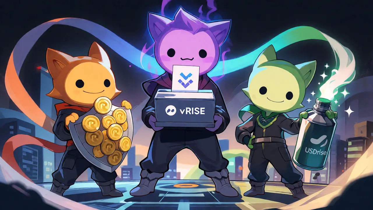 Three chibi mascots representing RISE, vRISE, and USDrise tokens in a unified team pose.