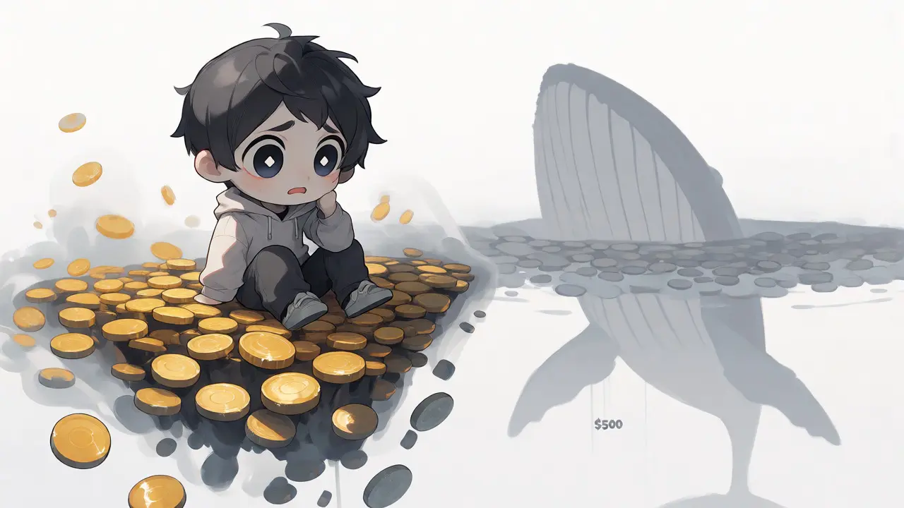 Tiny chibi investor on shrinking coin platform facing a whale in a void