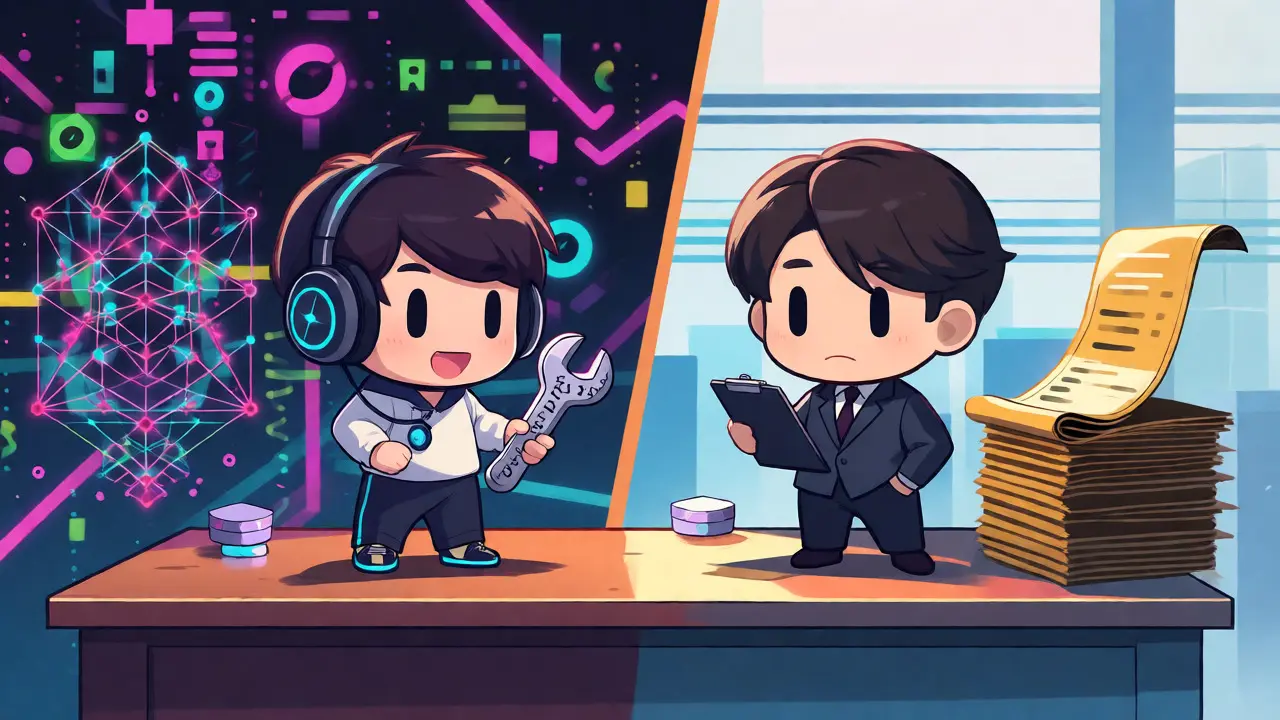 Two chibi avatars contrasting DeFi developer and institutional trader styles