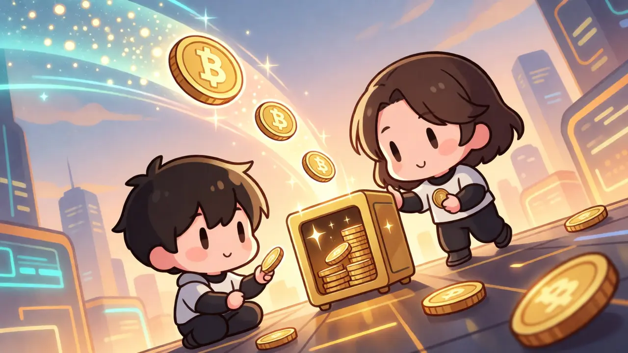 Two chibi characters staking and spending tokens in a futuristic city.