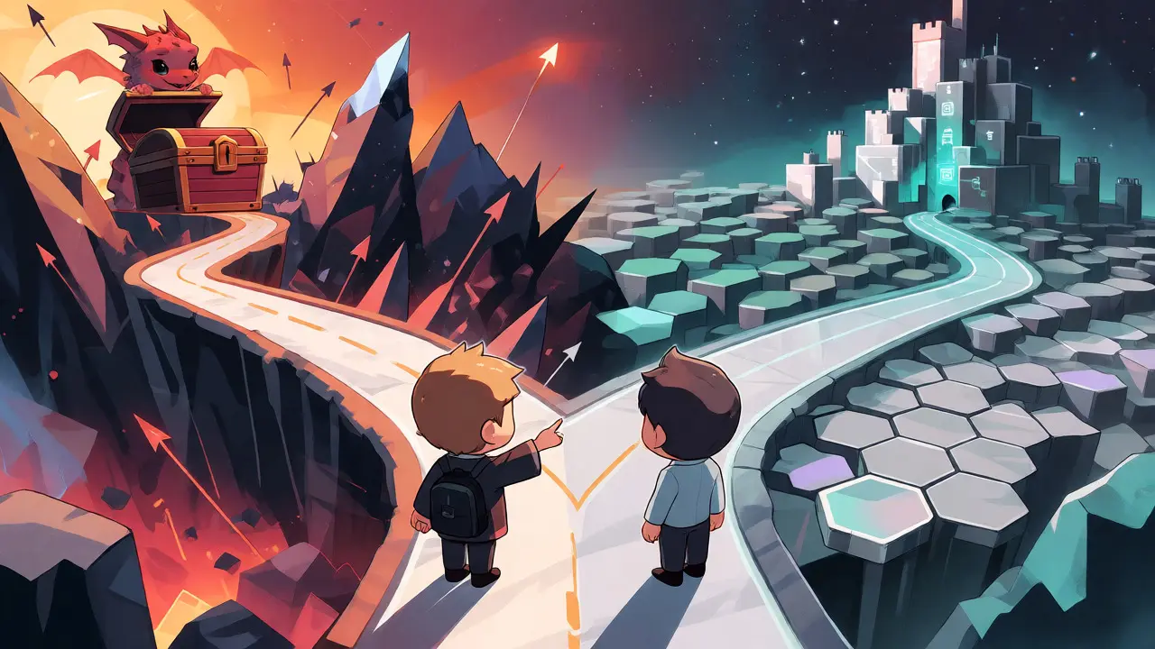 Two chibi figures choosing between a volatile crystal path and a stable code road