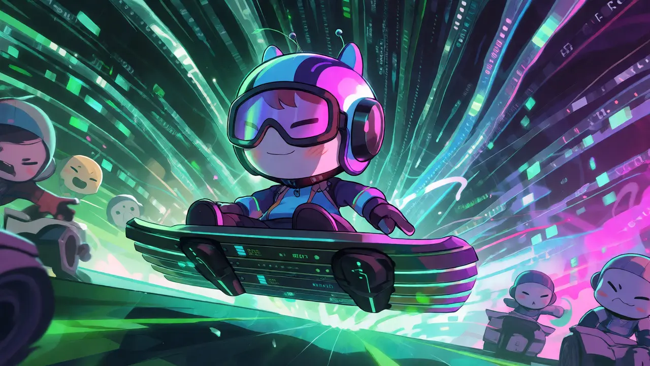 Chibi racer on server-blade hoverboard speeding through data streams