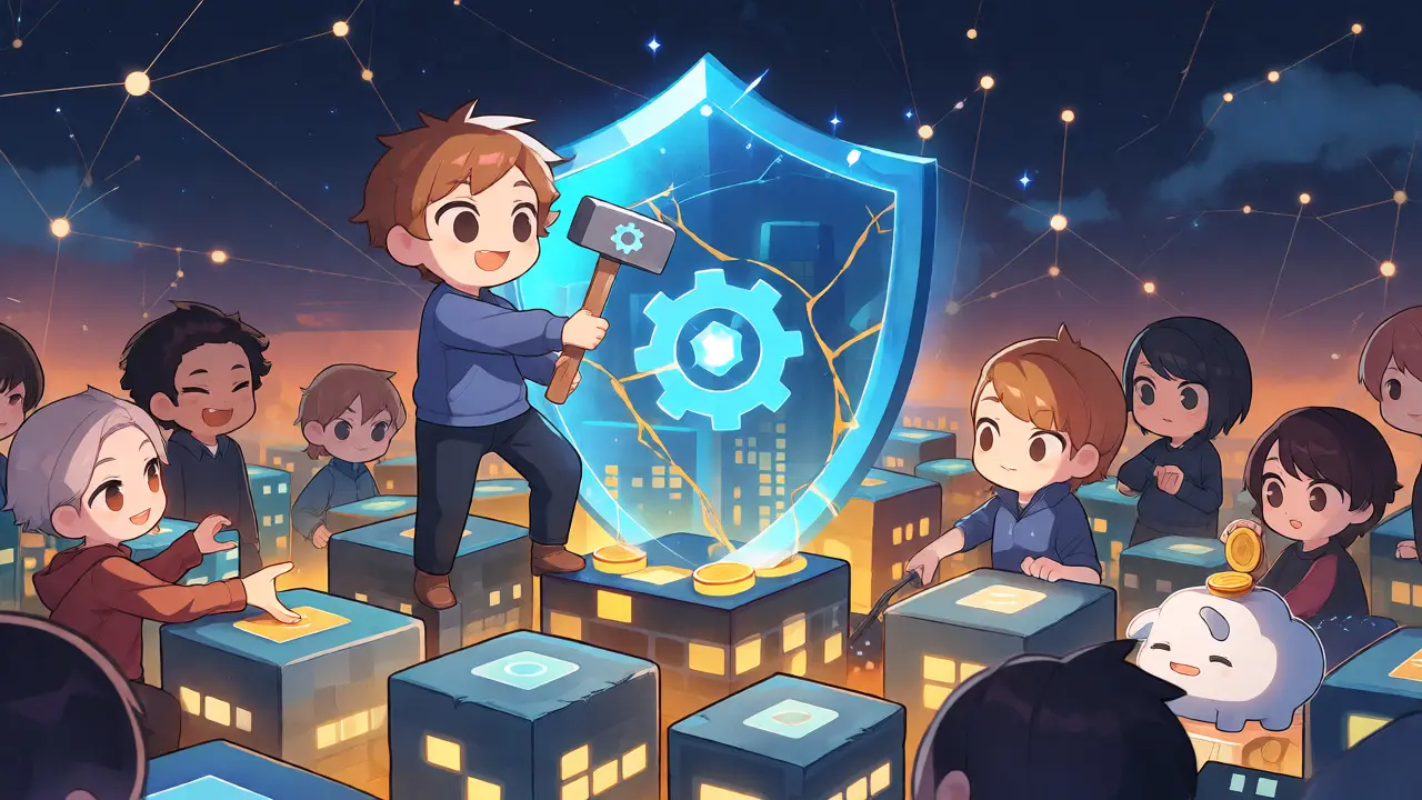 Group of chibi validators protecting a digital city with a glowing shield